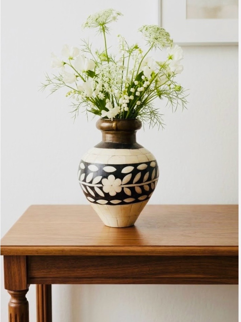 Vintage-Rajasthani-bone Inlay brass artisan Vase-handmade- floral border inlay.
